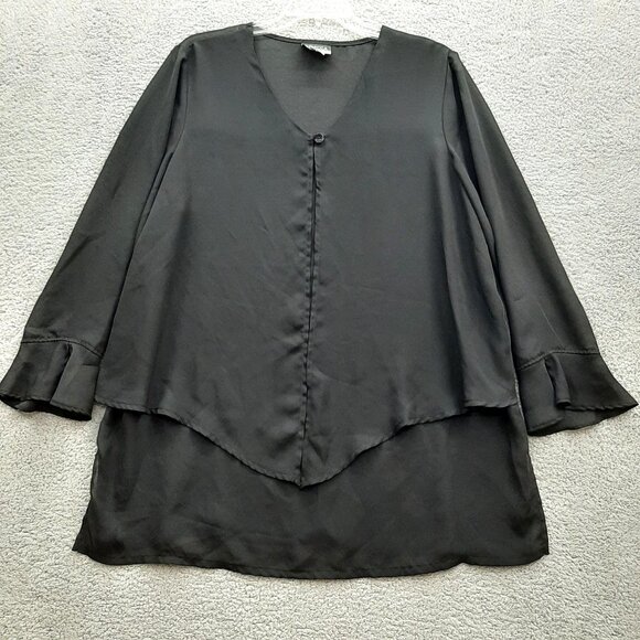 Rebecca Jones Womens Black V-Neck Button  Front Tunic Top 2X Flared Sleeves - Picture 1 of 7